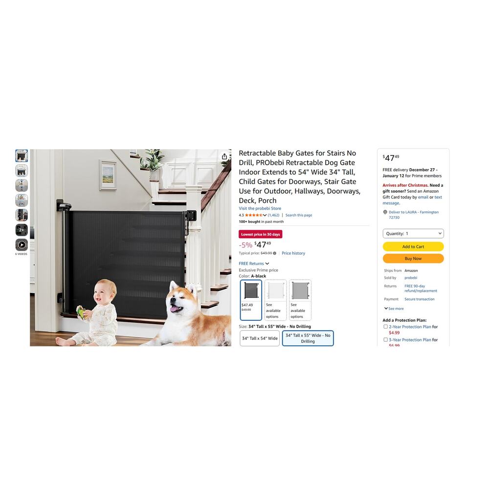 PRObebi Retractable Dog Gate Indoor Extends to 54" Wide 34" Tall, Child Gate